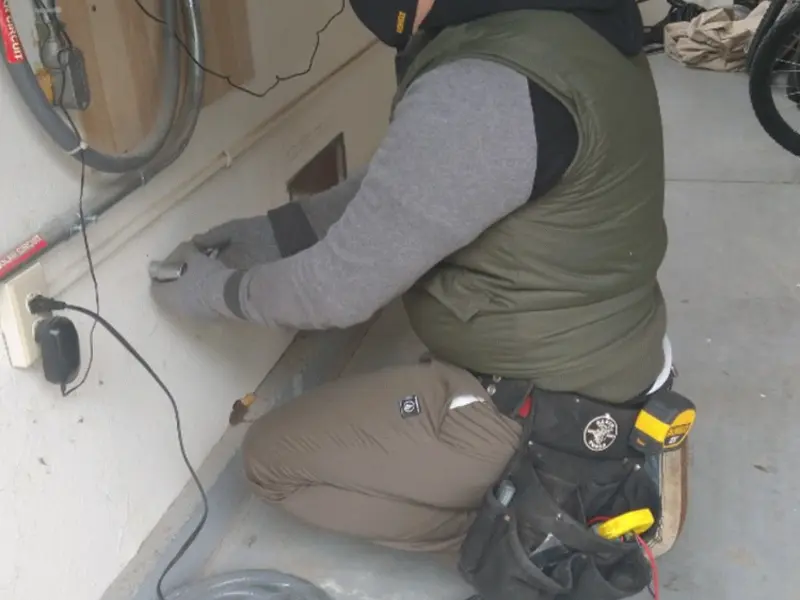 Electrician performing outlet wiring in a Choctaw garage